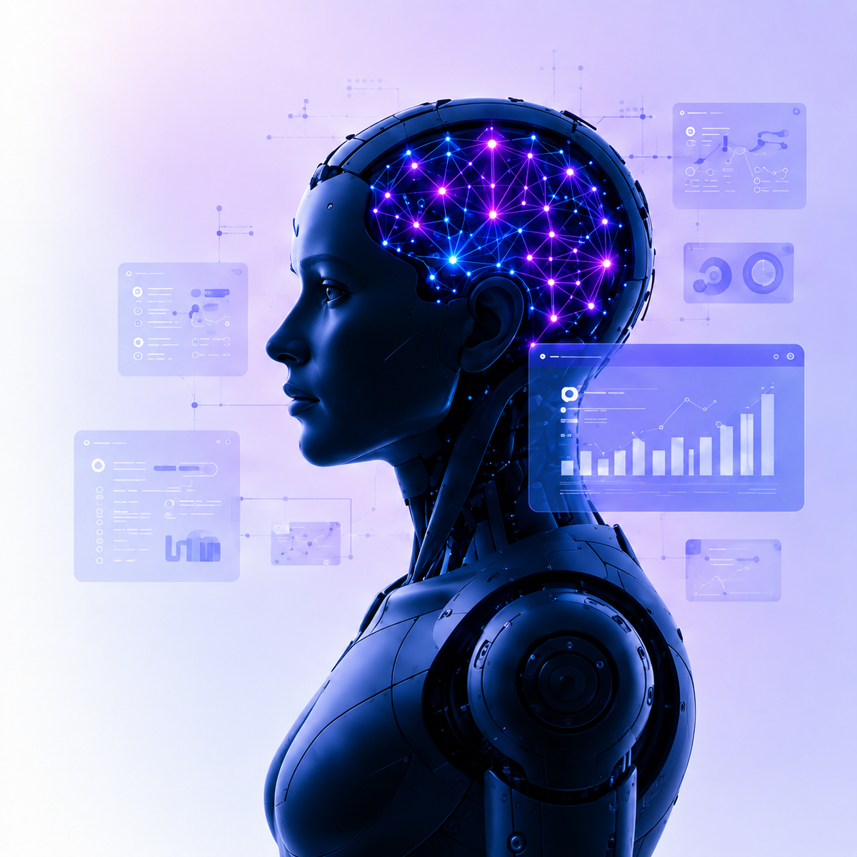 Blue futuristic AI robot with an illuminated neural network and translucent data displays.