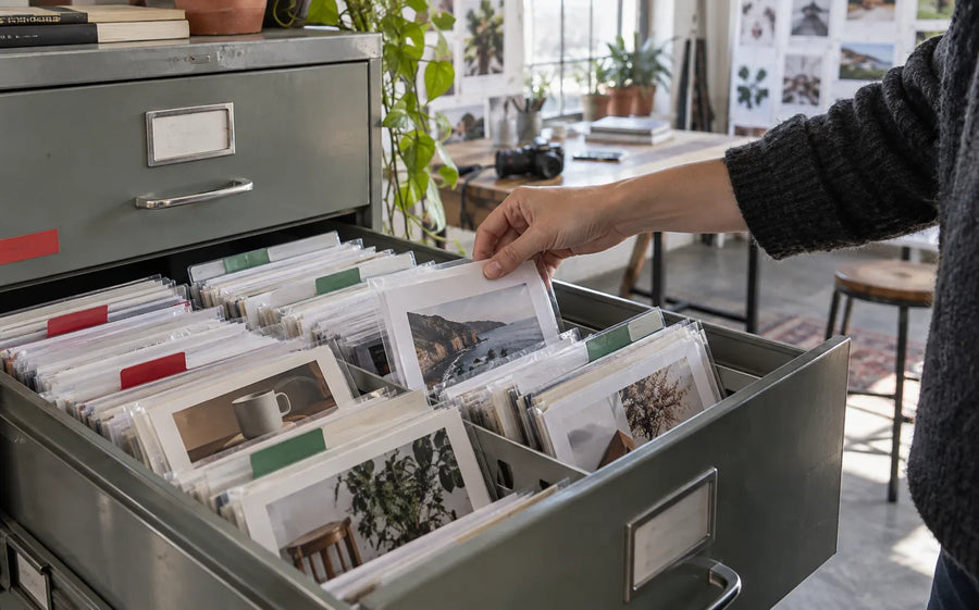 A hand files printed photographs in an organized studio archive