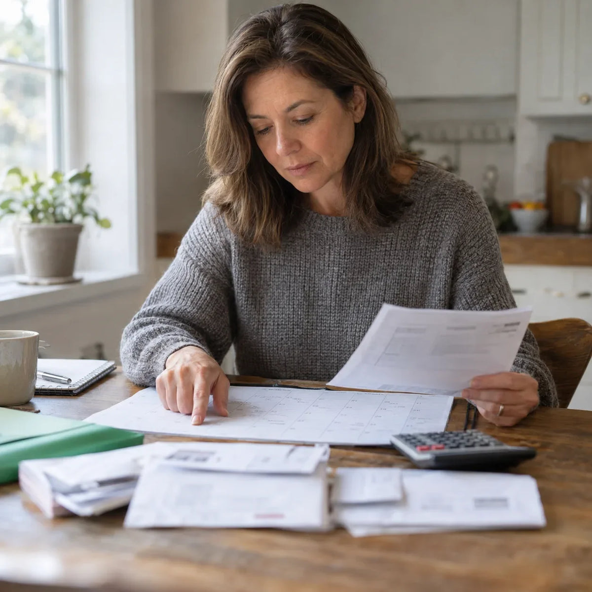 An adult compares household bills with a monthly calendar and calculator.
