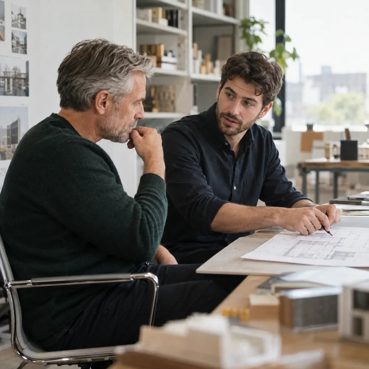 Two colleagues discuss a project document during a one-to-one workplace conversation.