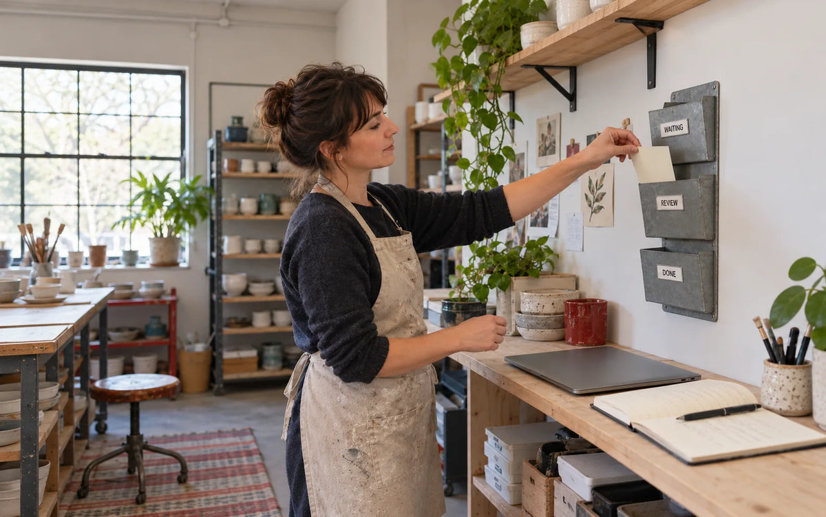 A studio coordinator places a blank job card into a review rack beside a closed laptop and an open notebook.