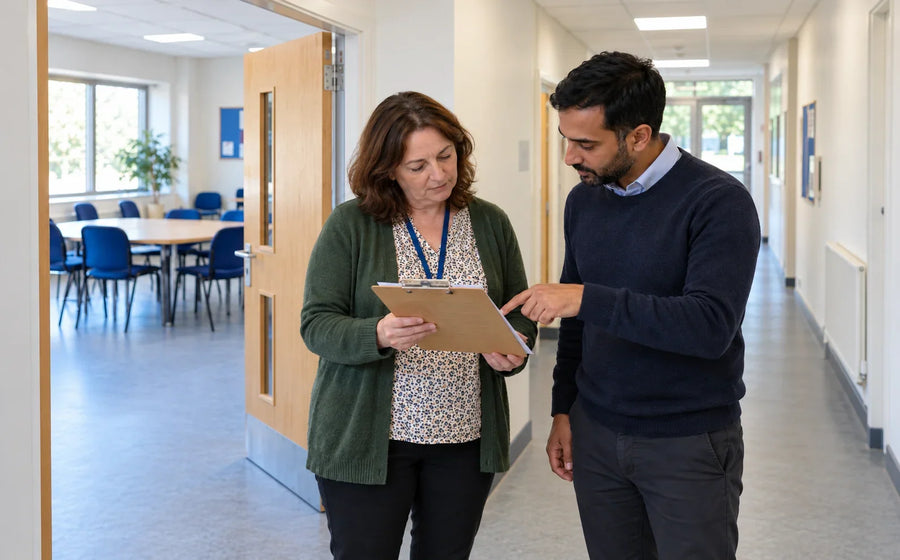 Two community-centre colleagues reviewing a room request on a clipboard before making a booking.