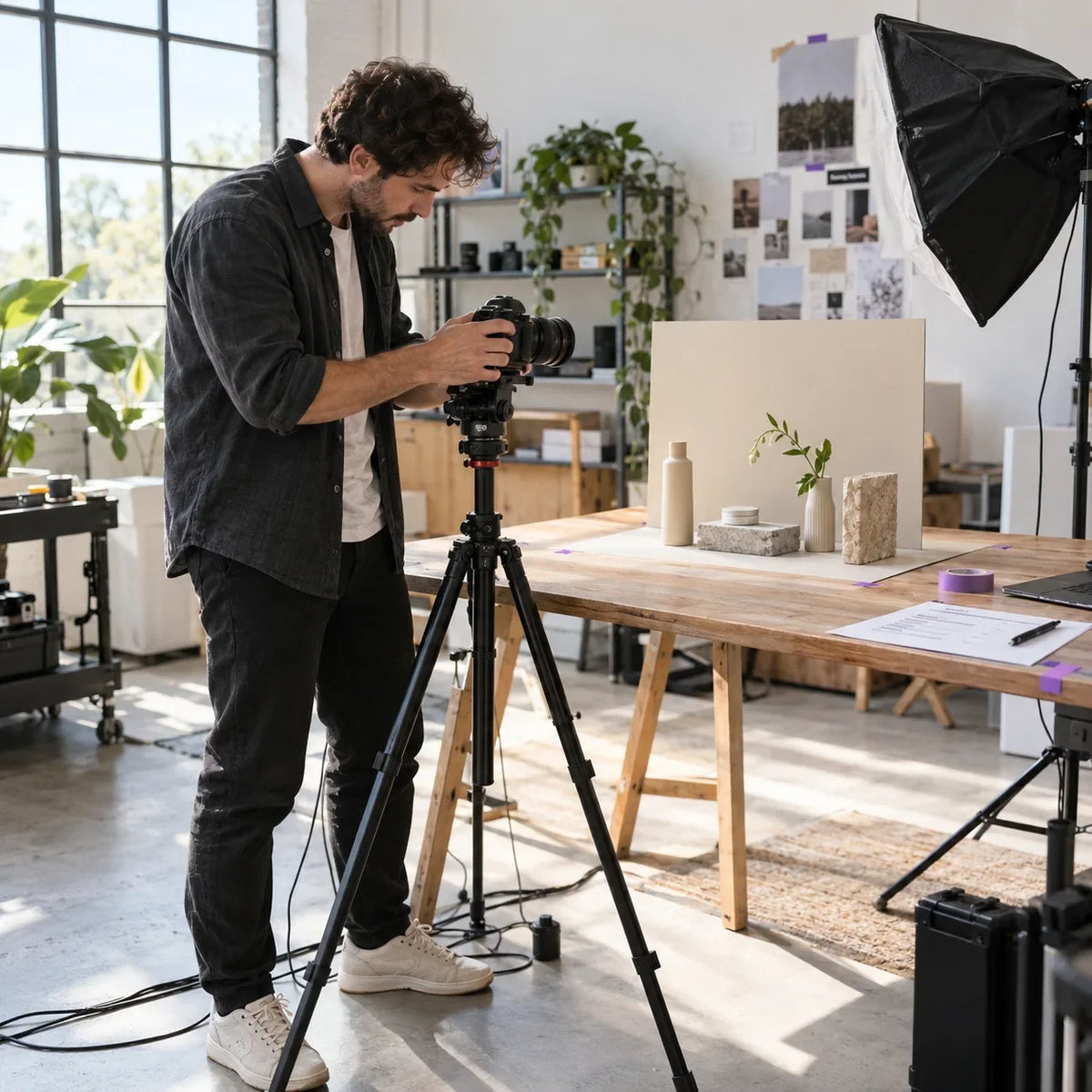 A creator sets up a camera, light and props for a content shoot.