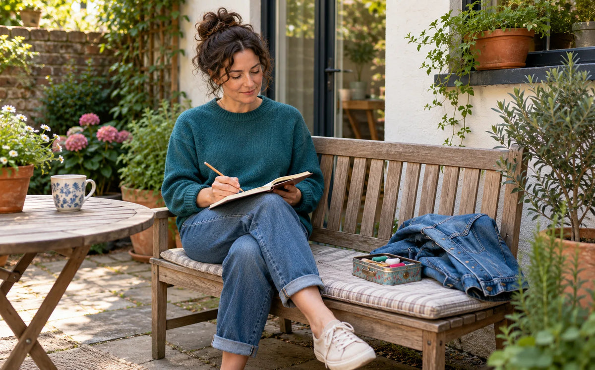 A woman reviews a notebook on a garden bench beside a denim jacket and sewing supplies.