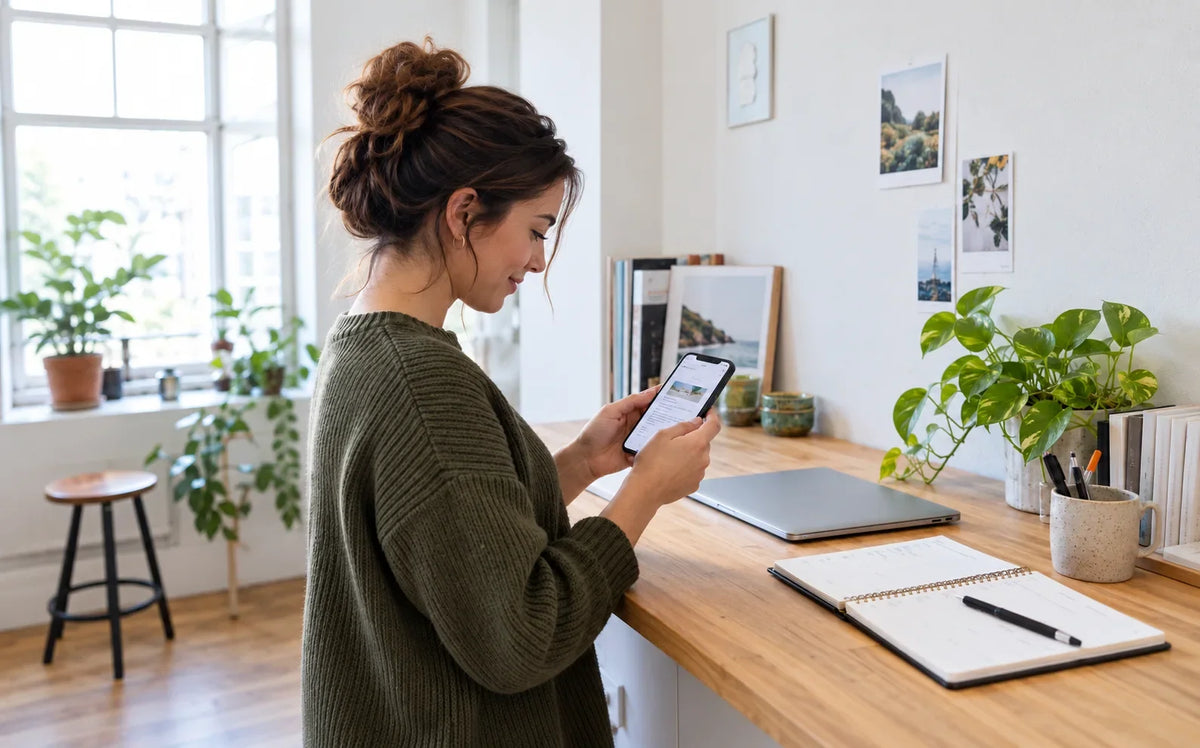 A woman checks an email on her phone beside a planner and closed laptop in a daylight studio.