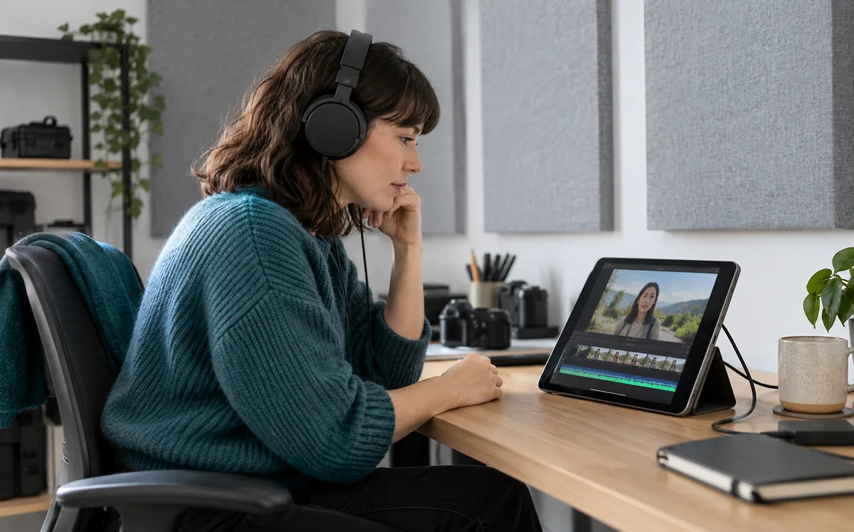 A video editor listening through headphones while reviewing a received clip on a tablet.