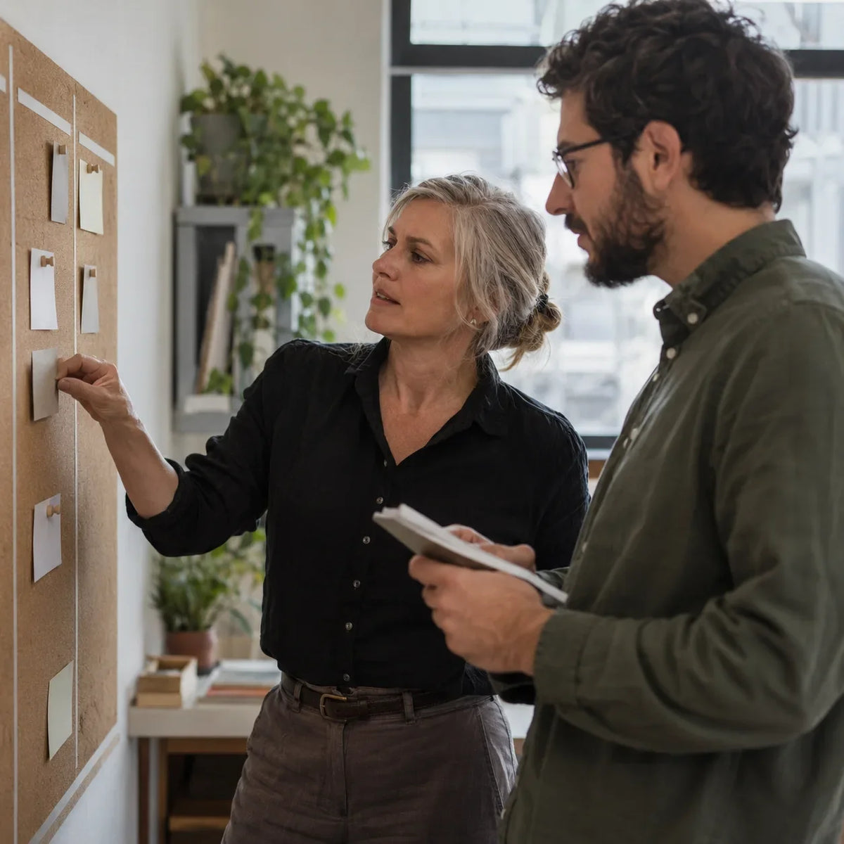 Two coworkers review a revised priority plan as the scope of a commitment changes.