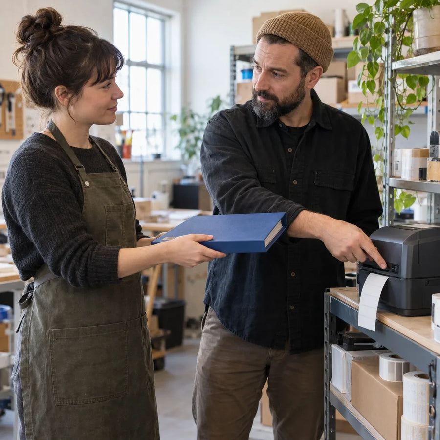 Two workshop colleagues hand over an operations binder beside a label printer.