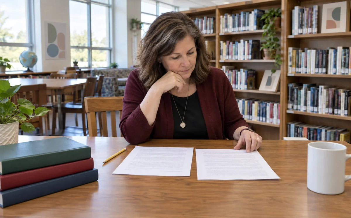An educator compares two printed passages at a library table