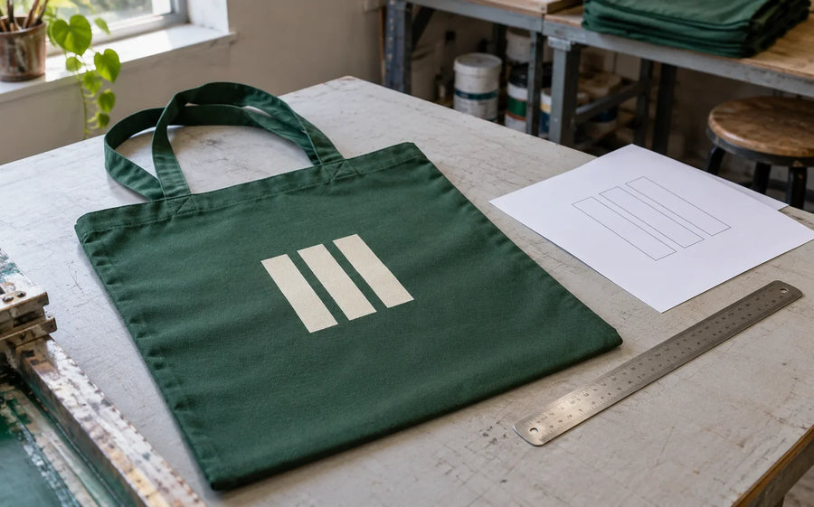 A decorated green tote sample beside a separate artwork sheet and ruler in a print workshop
