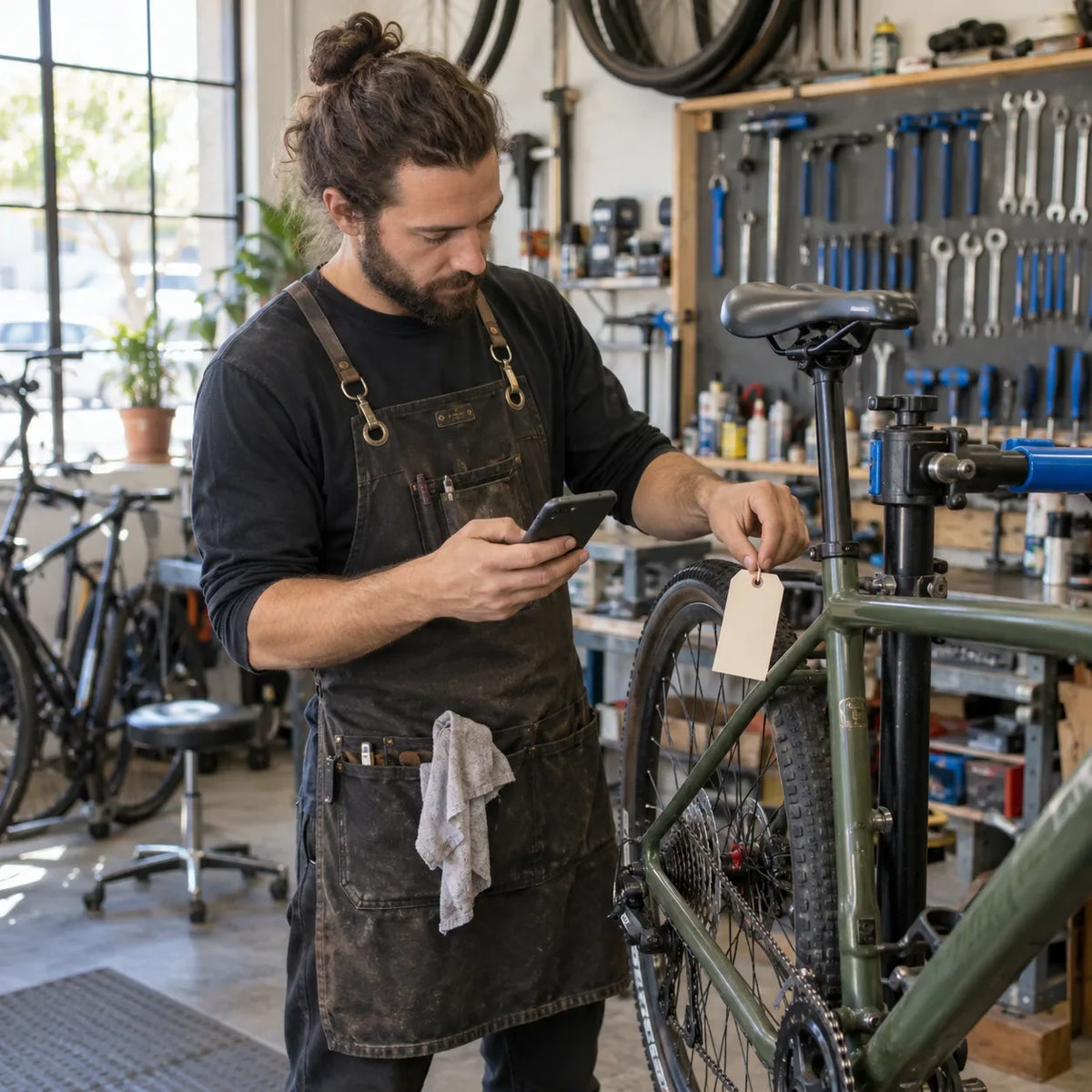 A bicycle mechanic checks a service inquiry while attaching a blank job tag.