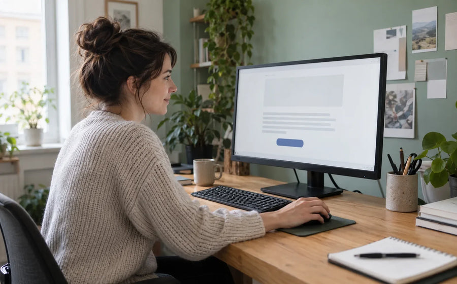 A web editor reviews a page prototype at a monitor in a daylight studio