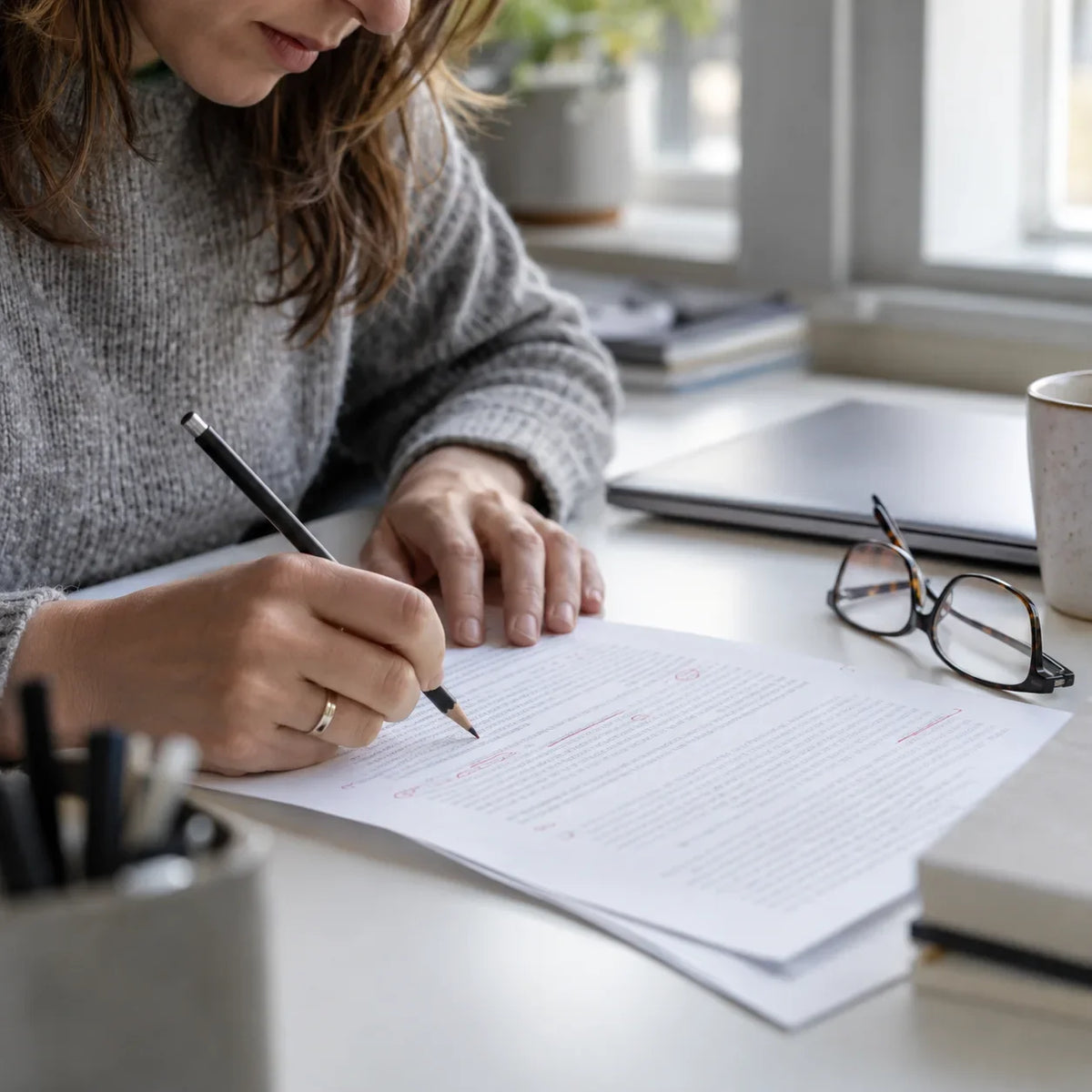 An editor revises a technical document with a pencil at a daylight work desk.