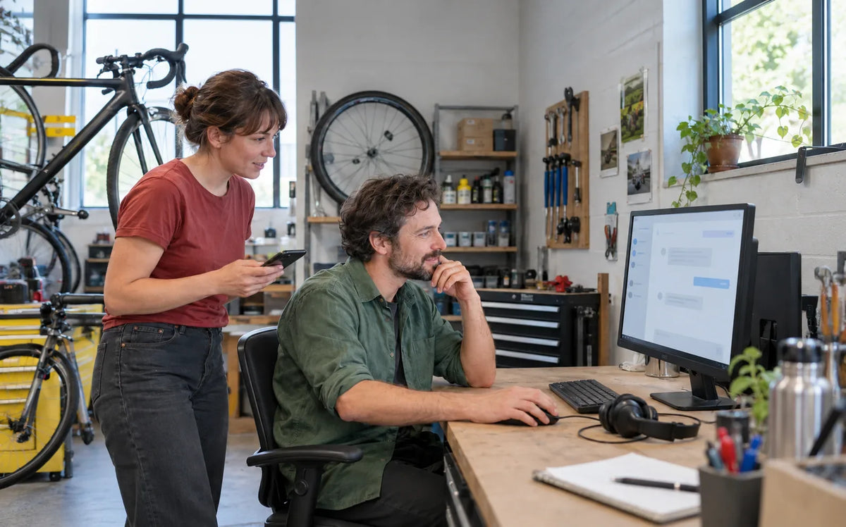 Two bicycle shop colleagues review a computer conversation while one holds a smartphone.