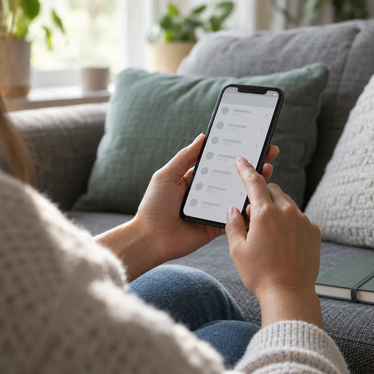 Hands review an indistinct list on a phone at home.