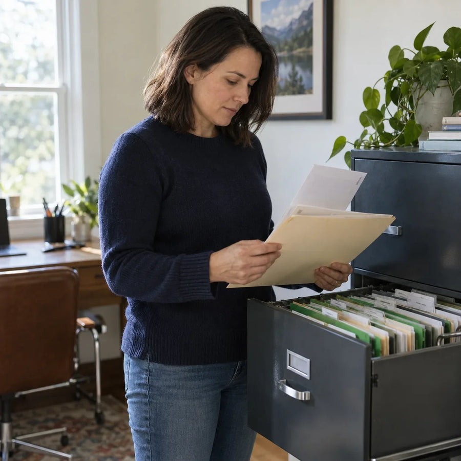 An adult checks archived household paperwork for infrequent annual costs.
