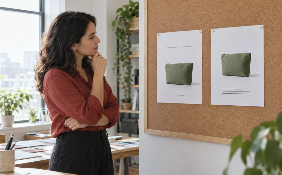 A planner compares two printed pouch advertisements on a corkboard