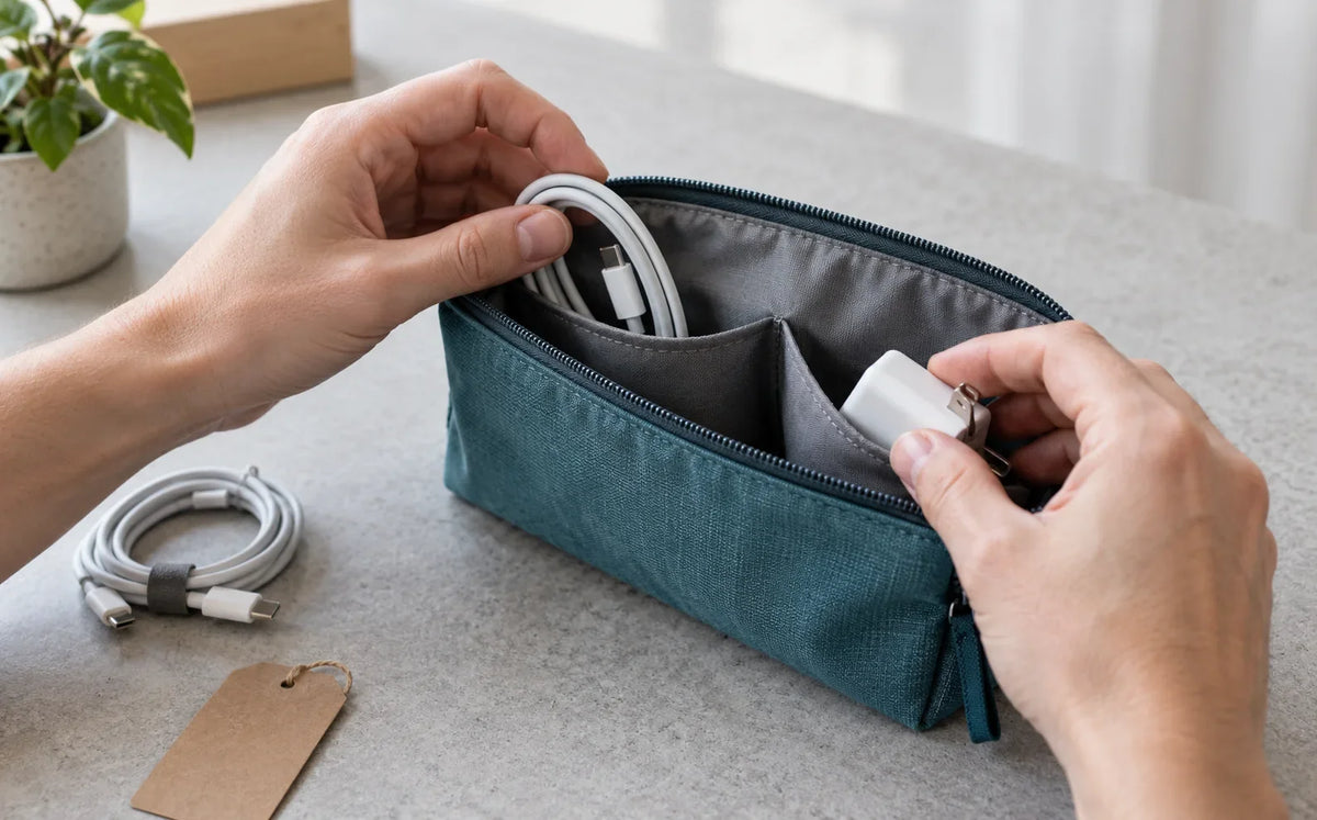 Hands place a cable and an adapter in separate compartments of a teal accessories pouch.
