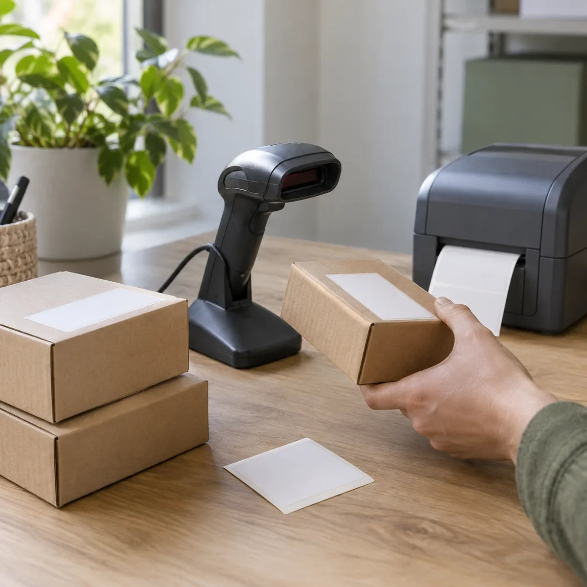 A hand checks a test parcel beside a barcode scanner and label printer.