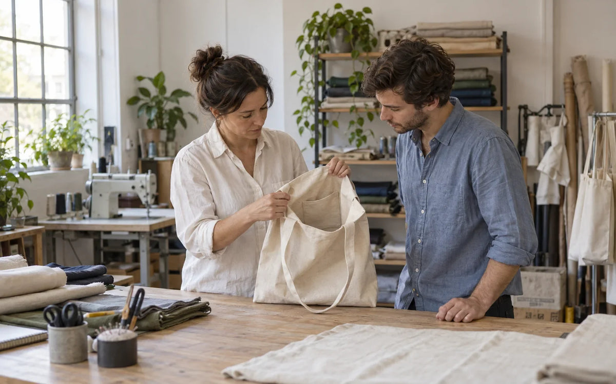 Two people inspect the inner pocket of a canvas tote in a textile workshop