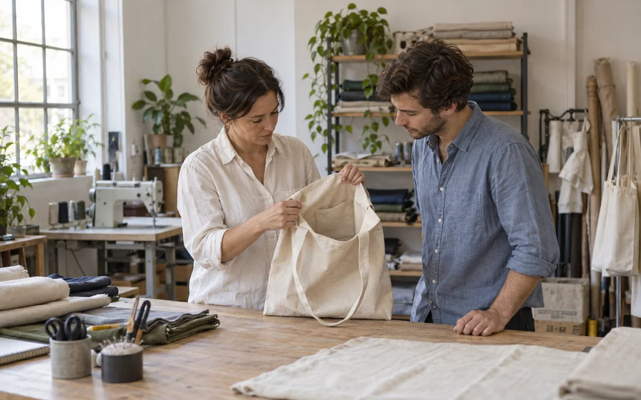 Two people inspect the inner pocket of a canvas tote in a textile workshop