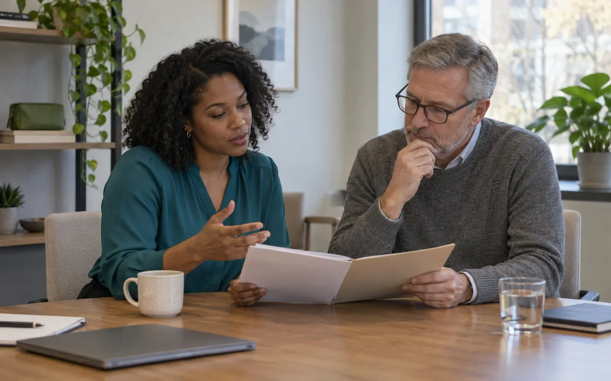 Two colleagues calmly discuss a folder of reviewed documents