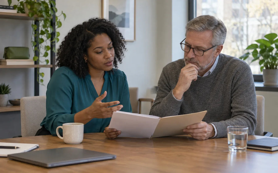 Two colleagues calmly discuss a folder of reviewed documents