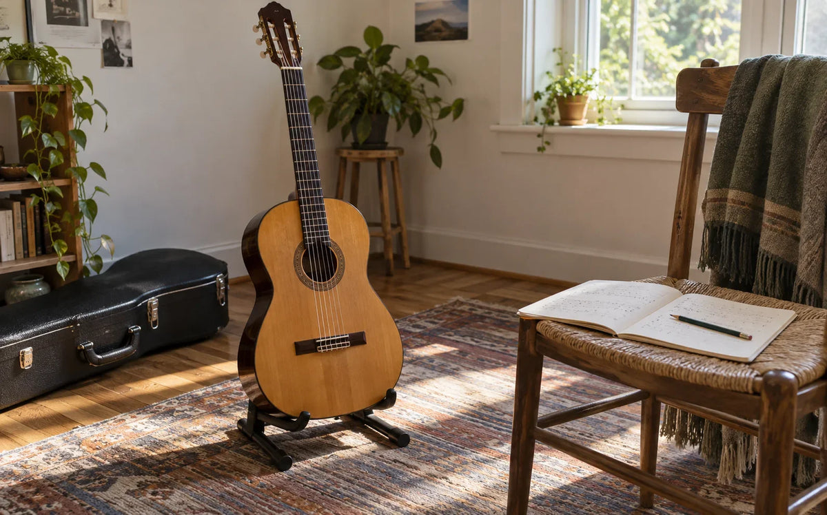 An acoustic guitar stands beside a chair with an open practice notebook