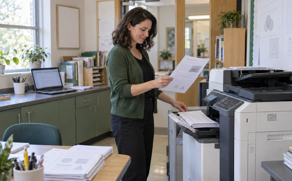 A teacher checks a printed worksheet beside a school photocopier during lesson preparation.