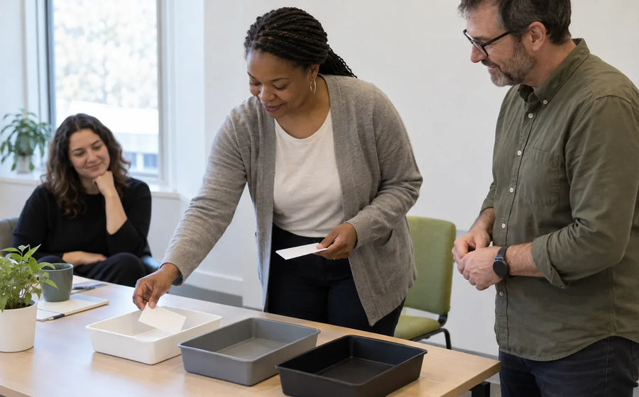 A workshop participant places a paper card in a tray while a facilitator observes the practice task.