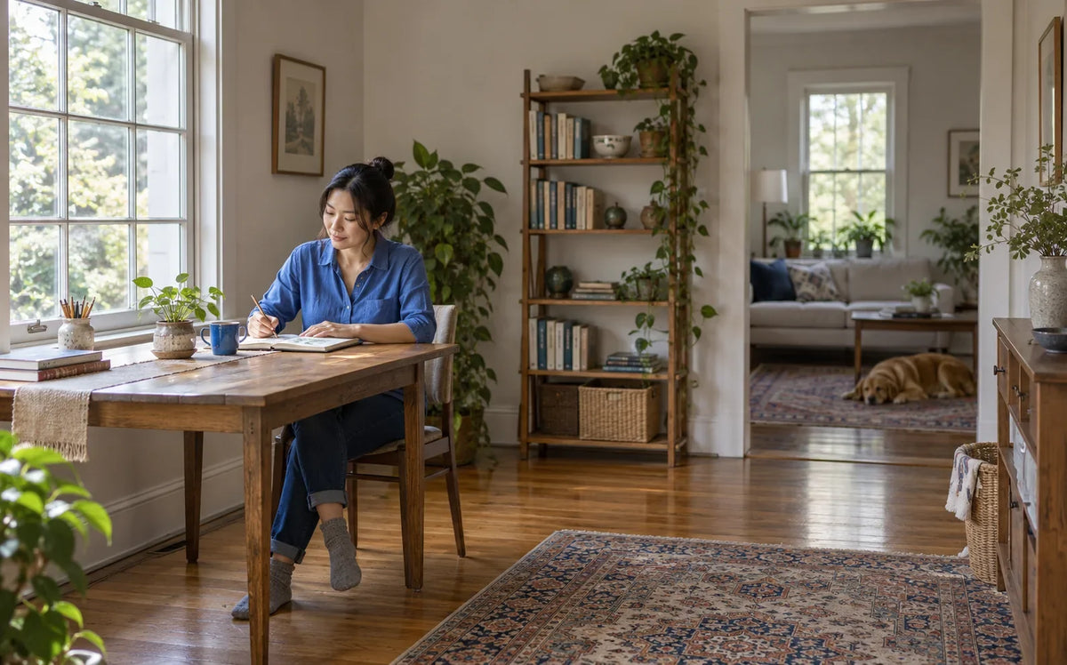 A person sketches a potted plant at a clear table by a home window