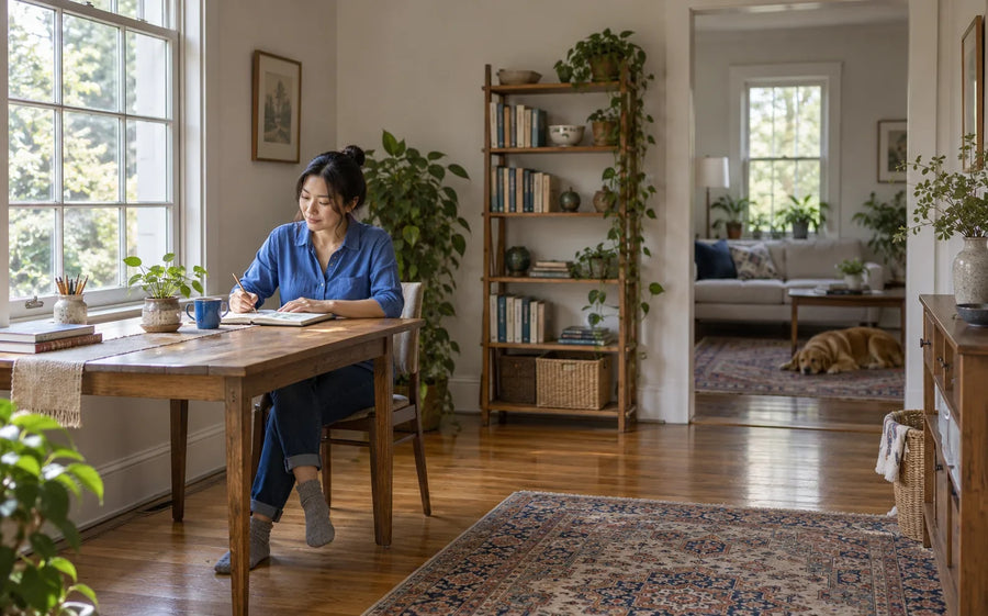 A person sketches a potted plant at a clear table by a home window