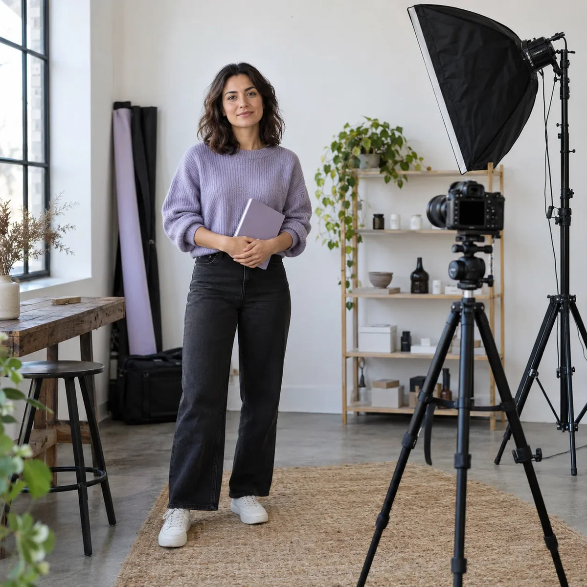 A creator considers a compact camera and lighting setup in a small studio.