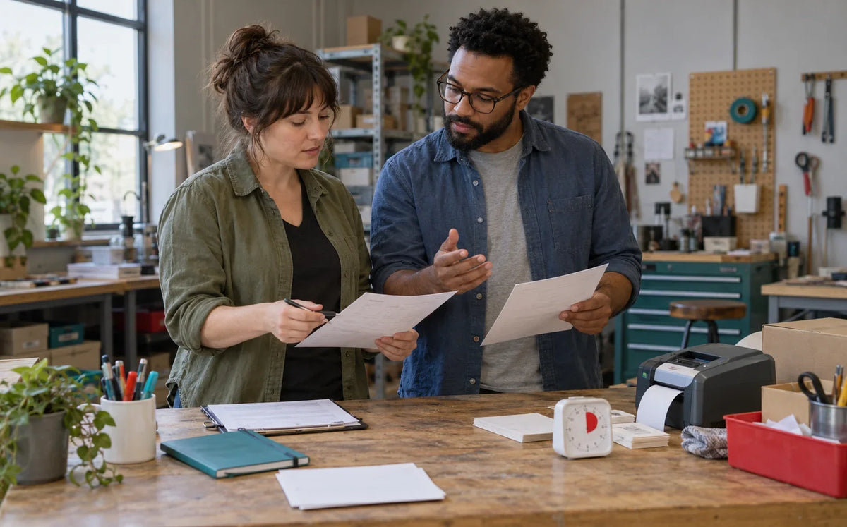 Two workshop colleagues compare paper work logs beside an analog timer and label printer.