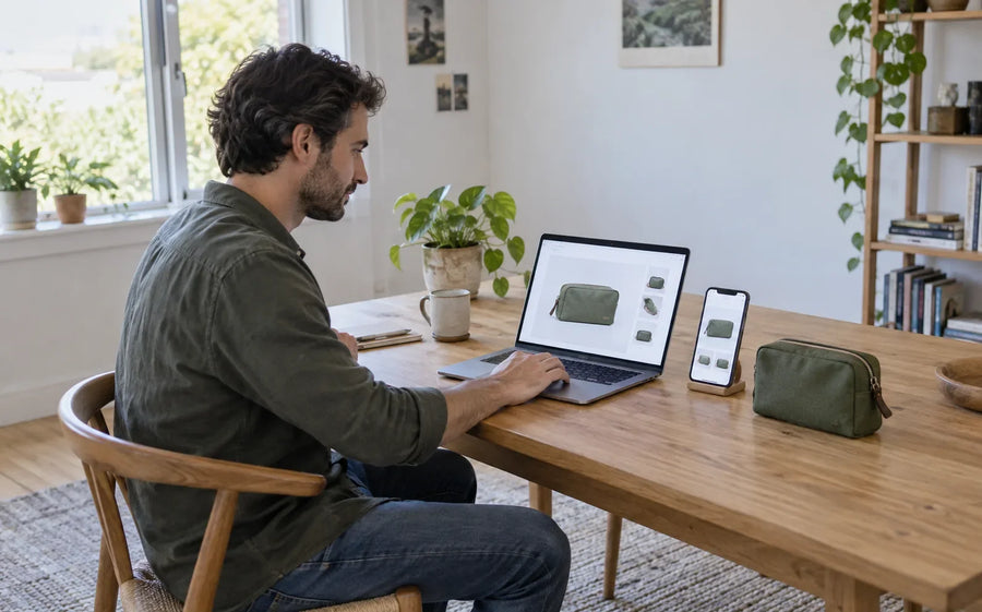 A reviewer compares a pouch product page on a laptop and phone