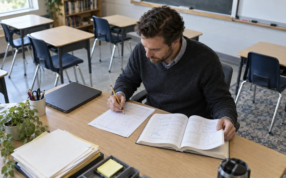A teacher compares a printed practice sheet with an open reference book in an empty classroom.