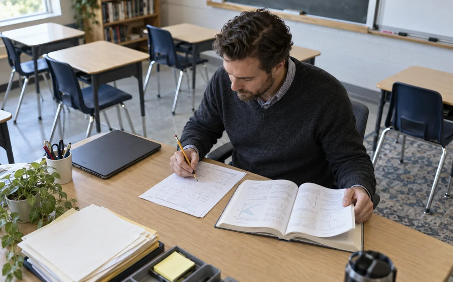 A teacher compares a printed practice sheet with an open reference book in an empty classroom.
