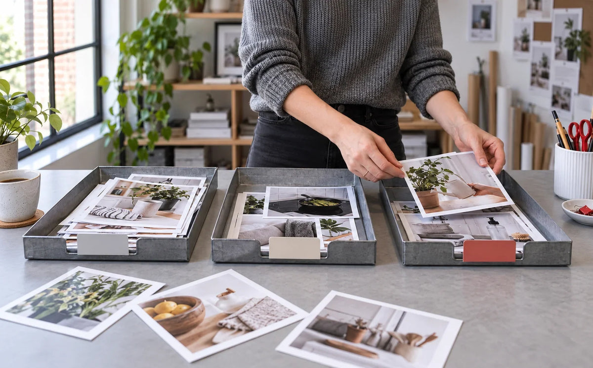 A reviewer sorting printed customer-content thumbnails into three document trays.