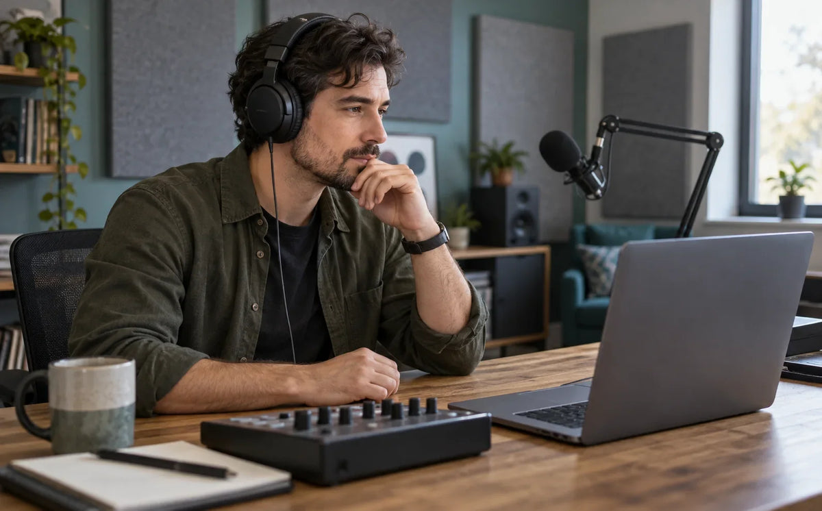 An audio editor listens through headphones beside recording equipment in a podcast studio.