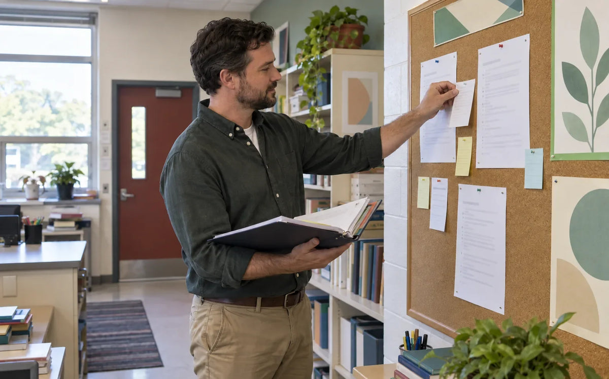 An educator places a revision note beside a lesson sheet while holding a binder