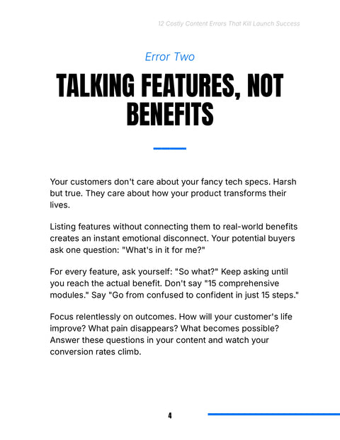 Turn Features into Customer Benefits - understand sample from 12 Costly Content Errors That Kill Launch Success