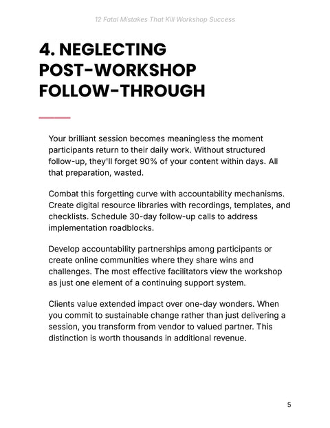 4. NEGLECTING POST-WORKSHOP FOLLOW-THROUGH - act sample from 12 Fatal Mistakes That Kill Workshop Success