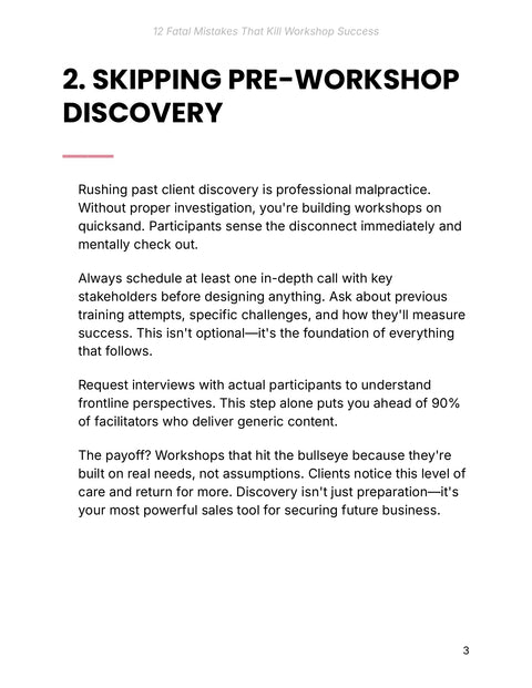 Investigate Client and Participant Needs - understand sample from 12 Fatal Mistakes That Kill Workshop Success