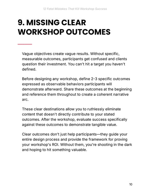 Design Observable Workshop Outcomes - framework sample from 12 Fatal Mistakes That Kill Workshop Success