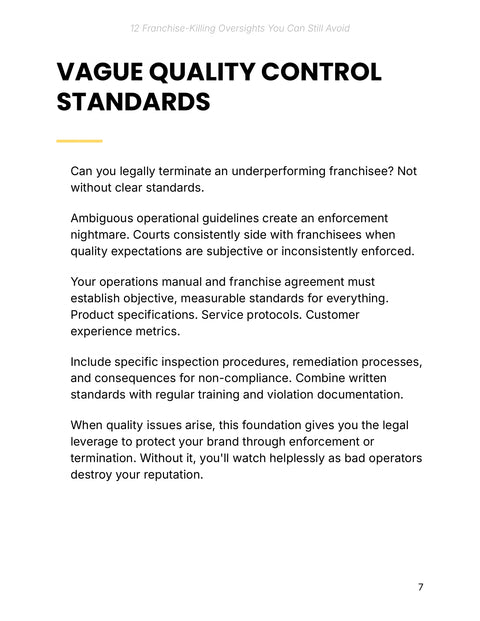 Vague Quality Control Standards - framework sample from 12 Franchise-Killing Oversights You Can Still Avoid