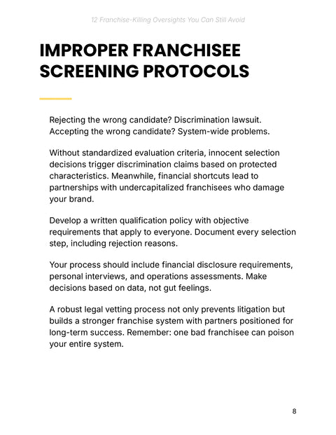 Improper Franchisee Screening Protocols - practice sample from 12 Franchise-Killing Oversights You Can Still Avoid