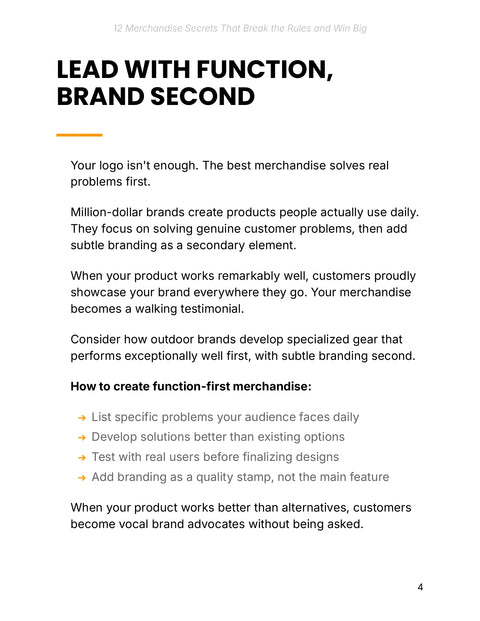 Lead with Function, Brand Second - framework sample from 12 Merchandise Secrets That Break the Rules and Win Big