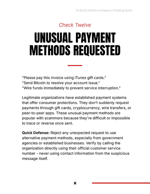 UNUSUAL PAYMENT METHODS REQUESTED - framework sample from 12 Quick Checks to Expose a Phishing Scam