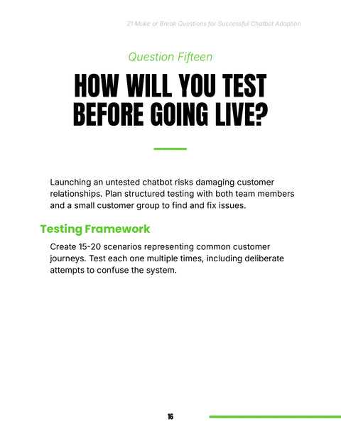 Testing Framework - framework sample from 21 Make or Break Questions for Successful Chatbot Adoption