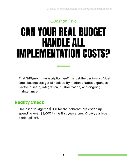 CAN YOUR REAL BUDGET HANDLE ALL IMPLEMENTATION COSTS? - act sample from 21 Make or Break Questions for Successful Chatbot Adoption